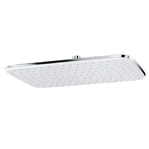 Kopfbrause von Kludi in rechteckiger Form mit einem glatten, weißen Kopfteil und chromfarbenem Rand. Die Oberfläche hat zahlreiche gleichmäßige Düsen.